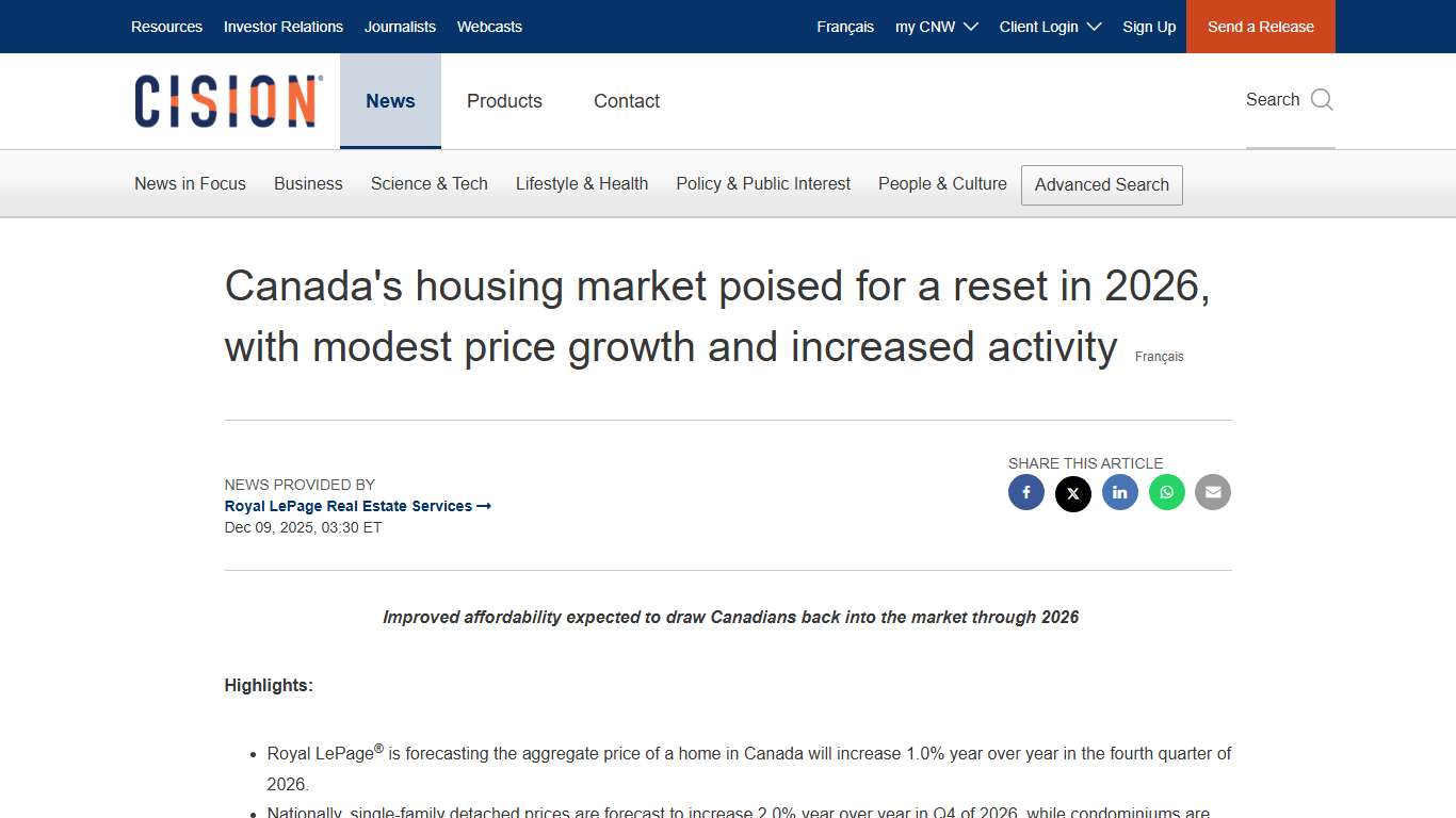 Canada's housing market poised for a reset in 2026, with modest price growth and increased activity
